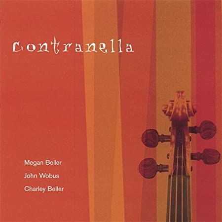 An album cover, a violin scroll in front of an abstract orange background with the words Contranella and the names Megan Beller, John Wobus, Charley Beller